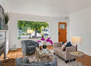 Living room featuring ornamental molding, a glass covered fireplace with a view out the front window.