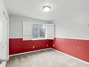 Unfurnished bedroom featuring carpet floors and a closet
