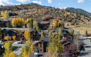 Aerial view of residential area featuring a mountainous background
