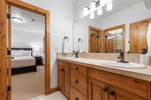 Bathroom featuring double vanity, light colored carpet, and ensuite bathroom