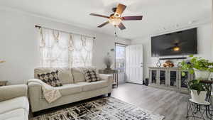 Living room with ceiling fan and wood finished floors