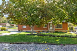View of property hidden behind natural elements featuring brick siding and entry steps