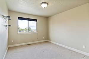 Spare room featuring carpet floors and a textured ceiling