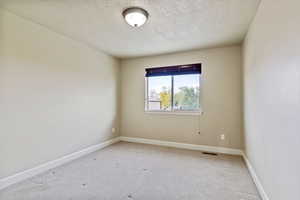 Unfurnished room featuring carpet and a textured ceiling