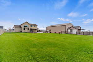 Fenced backyard featuring an outdoor structure