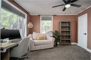 Home office featuring carpet, a textured ceiling, a ceiling fan, and ornamental molding