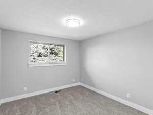 Spare room featuring carpet flooring and a textured ceiling