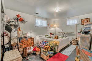 Basement bedroom featuring concrete floors