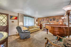 Living area with wood walls and carpet