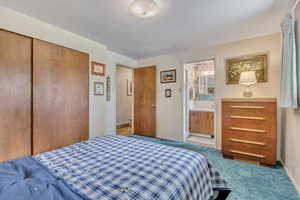 Carpeted primary bedroom with a closet and ensuite bathroom