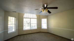 Unfurnished room featuring plenty of natural light, carpet flooring, a textured ceiling, and ceiling fan