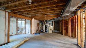 Basement with heating unit and secured water heater