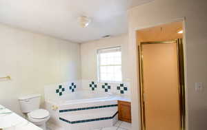 Full bathroom featuring a shower stall, a bath, and light tile patterned floors