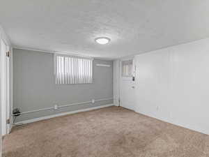 Below grade area with a textured ceiling, wood walls, and carpet flooring