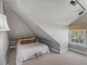 Carpeted bedroom with lofted ceiling and track lighting