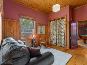Living room with wood-type flooring, wood ceiling, billiards table, and wooden walls