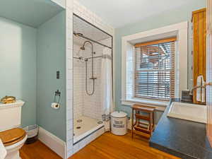 Bathroom featuring wood finished floors, a shower stall, vanity, and a baseboard heating unit