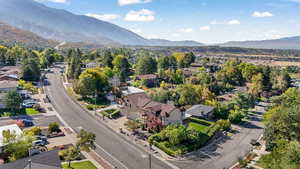 Aerial perspective of suburban area featuring mountains
