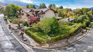 View from above of property with a mountainous background
