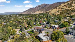 Aerial perspective of suburban area with a mountain backdrop