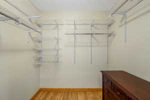 Primary Bedroom Walk in closet #1 featuring light hardwood flooring