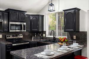Kitchen with dark countertops, stainless steel appliances, dark cabinets, and lofted ceiling