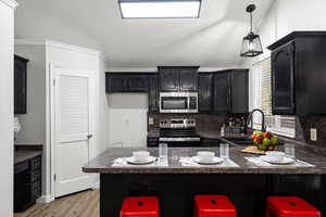 Kitchen with stainless steel appliances, dark countertops, dark cabinetry, dark wood-style flooring, and vaulted ceiling