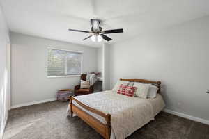 Bedroom featuring carpet, a ceiling fan, and a textured ceiling
