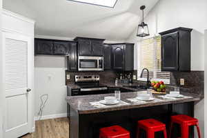 Kitchen with dark countertops, appliances with stainless steel finishes, light wood finished floors, dark cabinets, and a breakfast bar