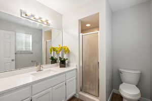 Bathroom featuring vanity, a shower stall, and dark wood-style floors