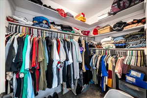 Spacious closet featuring dark carpet