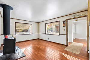 Den with wood burning stove