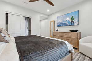 Bedroom featuring a closet, ceiling fan, and recessed lighting
