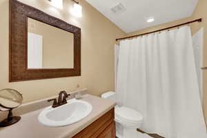 Bathroom with vanity and a shower with shower curtain