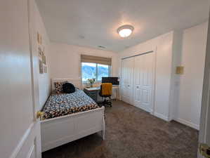 Bedroom with dark carpet, a textured ceiling, an office area, and a closet