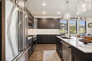 Kitchen featuring premium appliances, dark brown cabinets, dark wood finished floors, backsplash, and recessed lighting