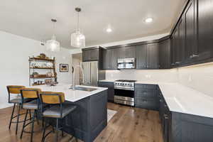 Kitchen featuring decorative backsplash, premium appliances, dark wood-style floors, decorative light fixtures, and a center island with sink