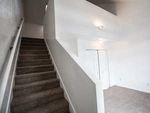 Staircase featuring carpet floors and baseboards