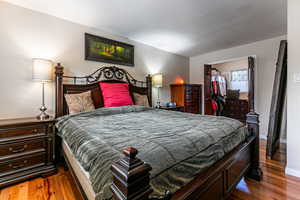 Bedroom with dark wood-style floors and a spacious closet