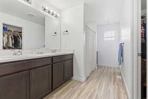 Full bath featuring a walk in closet, double vanity, a shower with curtain, and light wood-type flooring