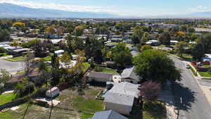 Aerial view of residential area with a mountain backdrop