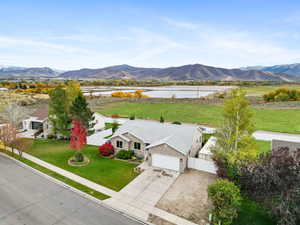 Aerial view of a water and mountain view