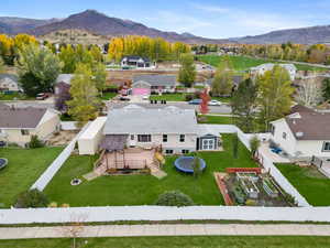 Aerial view of residential area with mountains
