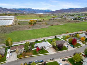 Aerial view of residential area with a mountain backdrop