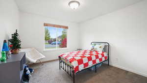 Carpeted bedroom with baseboards