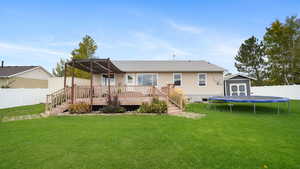 Rear view of property with a fenced backyard, a deck, a trampoline, and a storage shed