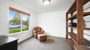 Sitting room featuring dark carpet and baseboards