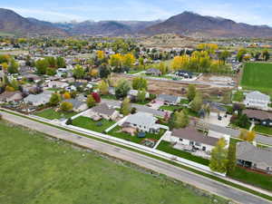 Aerial view of residential area with a mountain backdrop