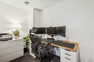 Office space with dark carpet