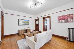 Living room featuring radiator and hardwood / wood-style flooring